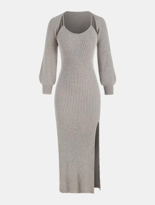 2pcs knit grey sweater Dress & cardigan