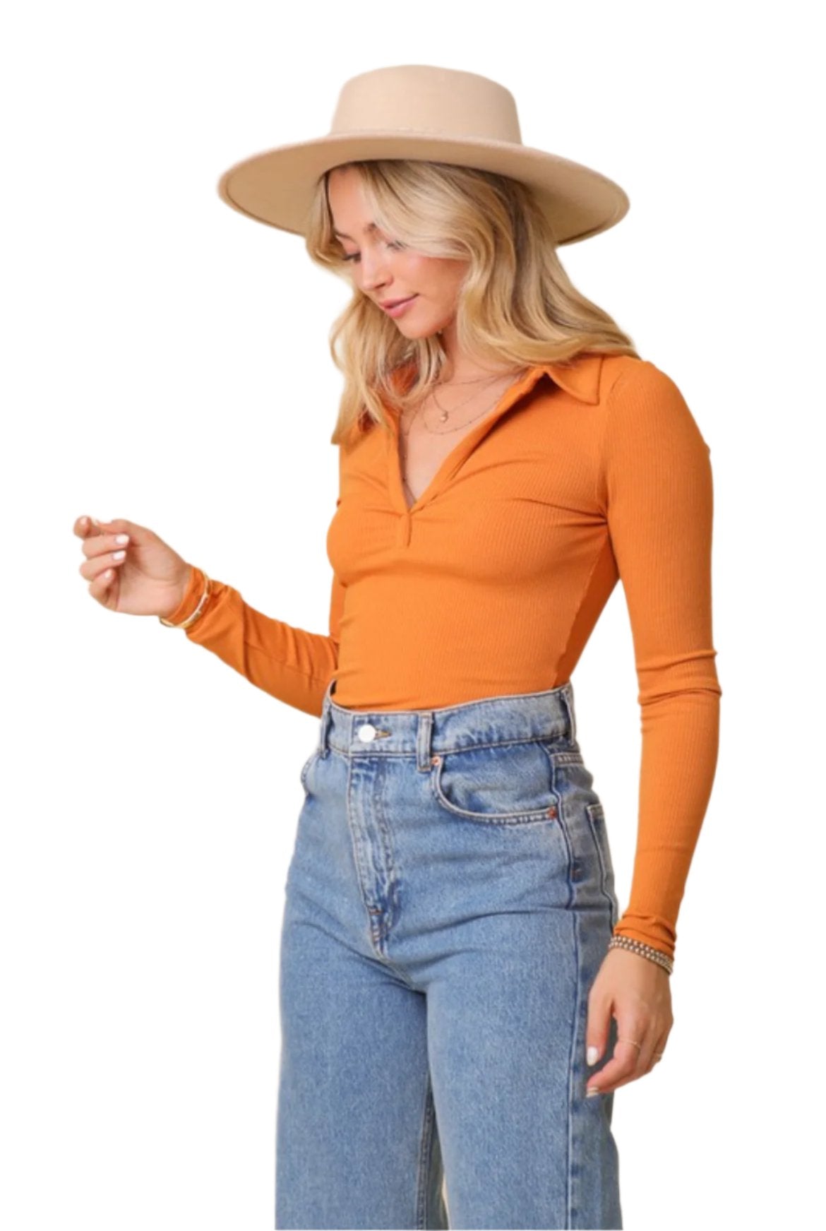 rust-orange polo bodysuit