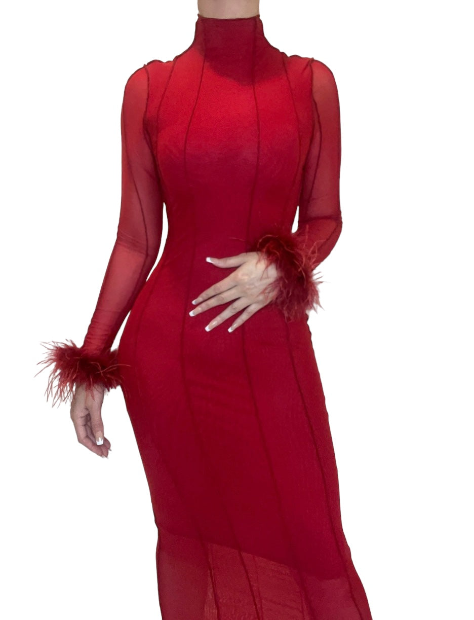 fuzzy cuff red dress