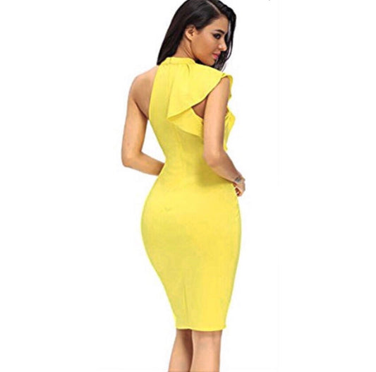 yellow body-con midi cocktail party dress