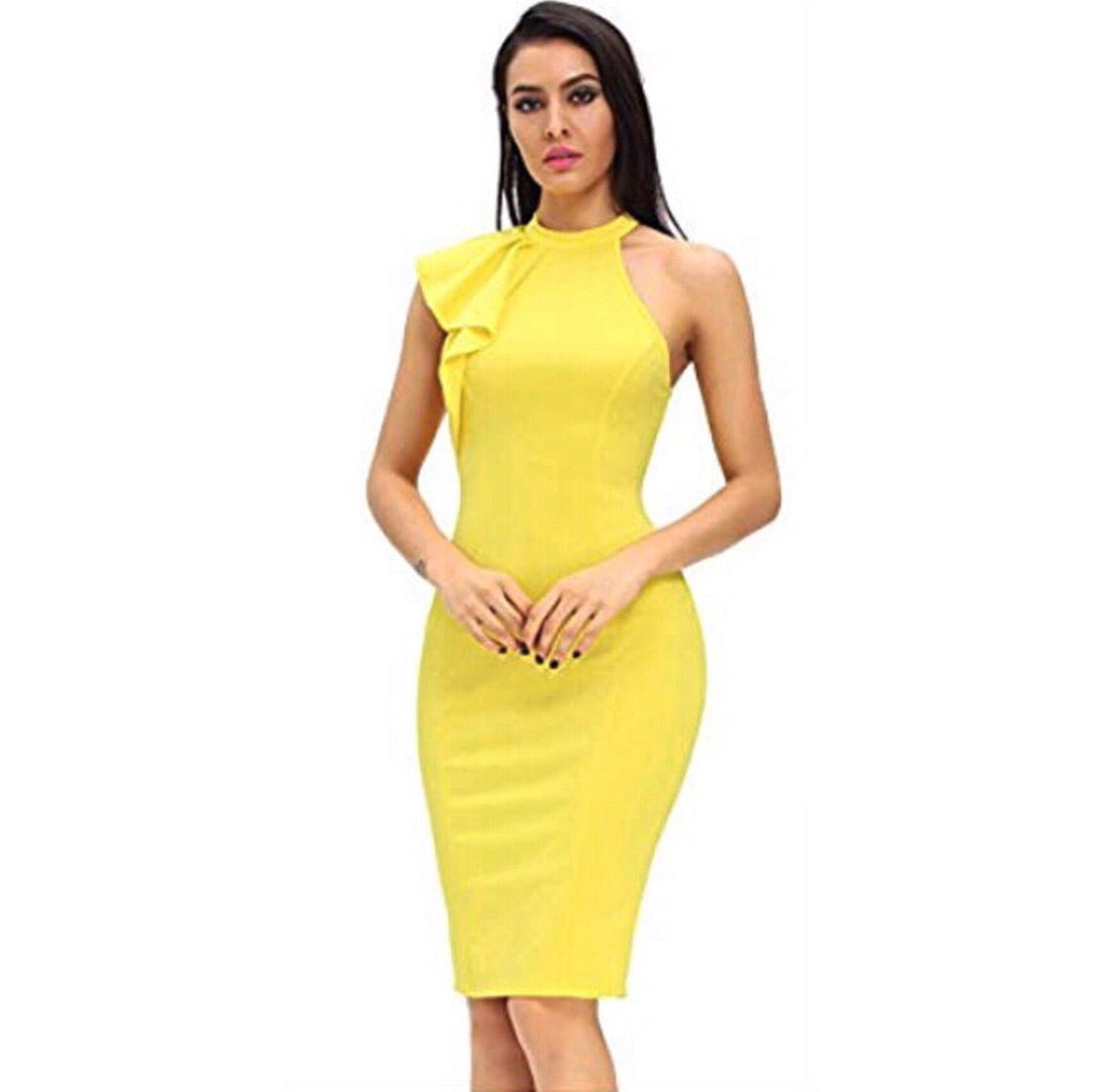 yellow body-con midi cocktail party dress